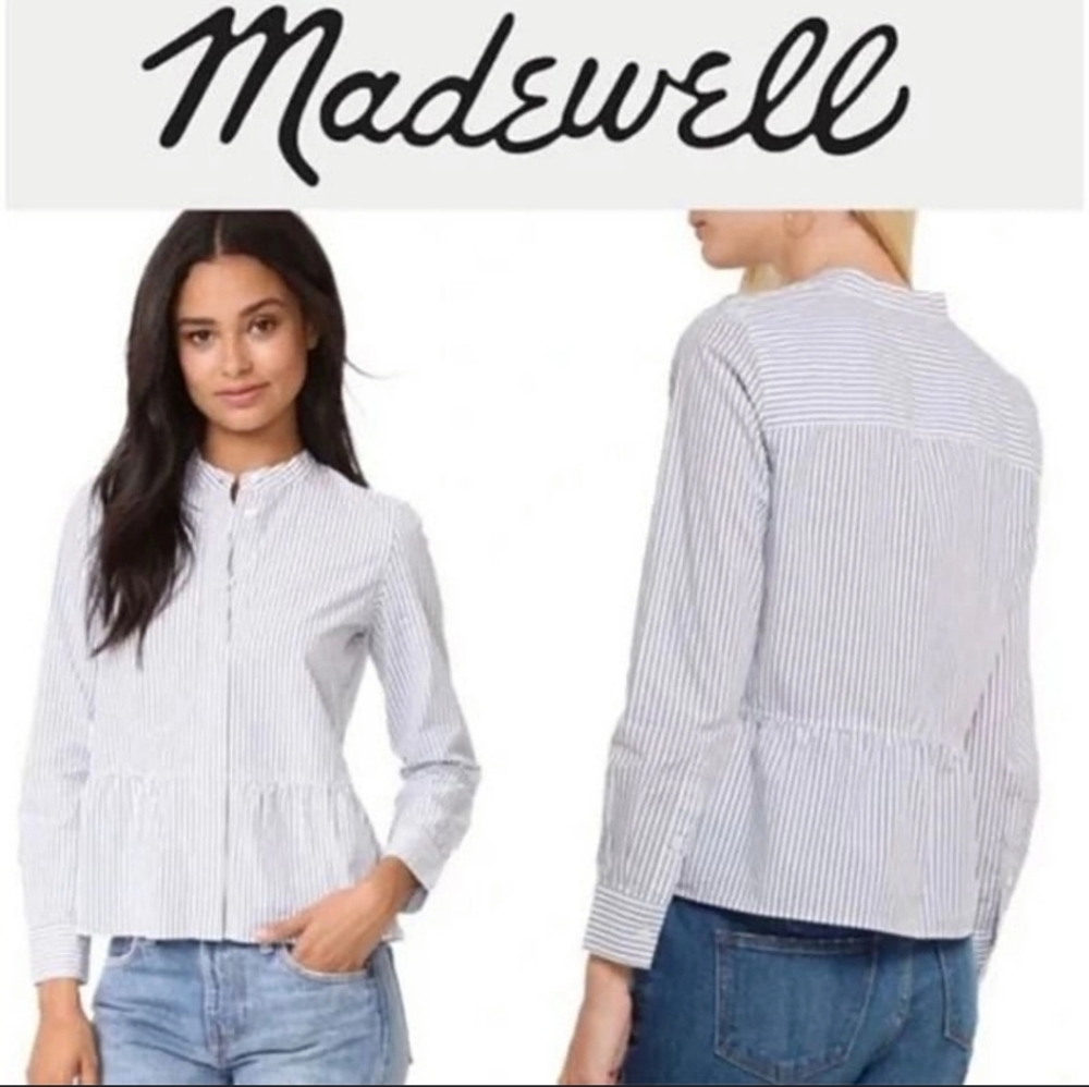 Madewell White and Navy Stripe Button-Down Peplum Shirt